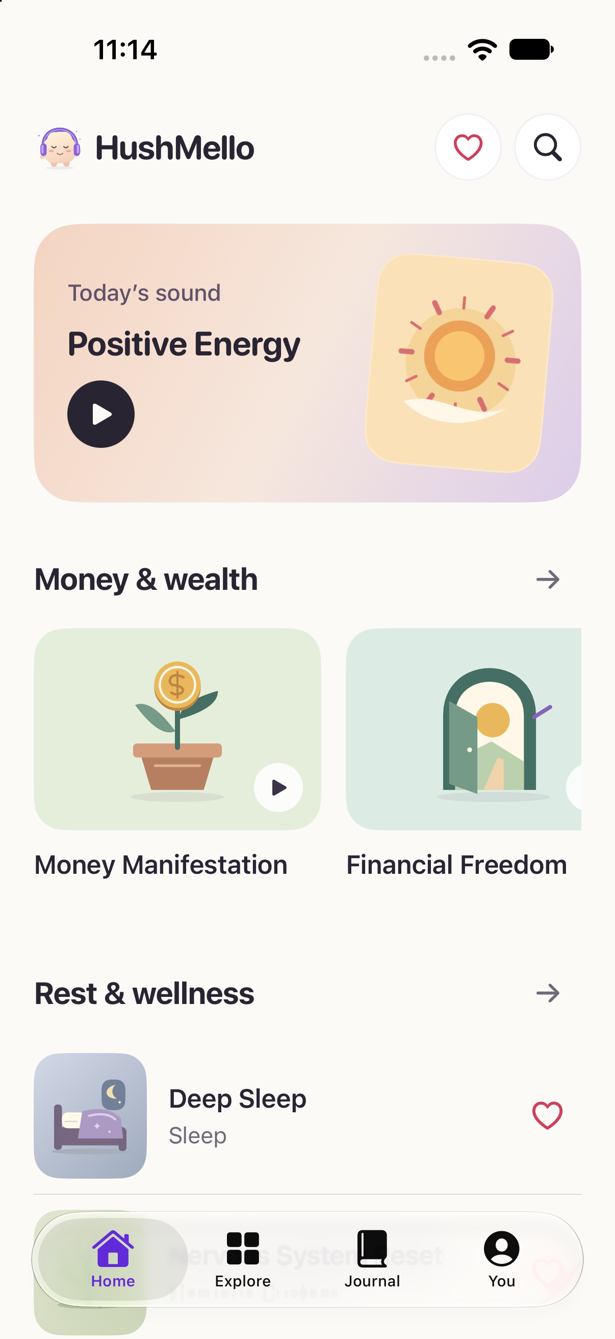 HushMello on iPhone, showing today's sound, sound collections, and a heart button for favorites.
